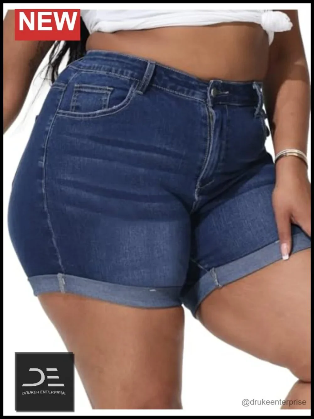 Plus Size High Waisted Jean Shorts Fold Hem Distressed Stretchy Denim